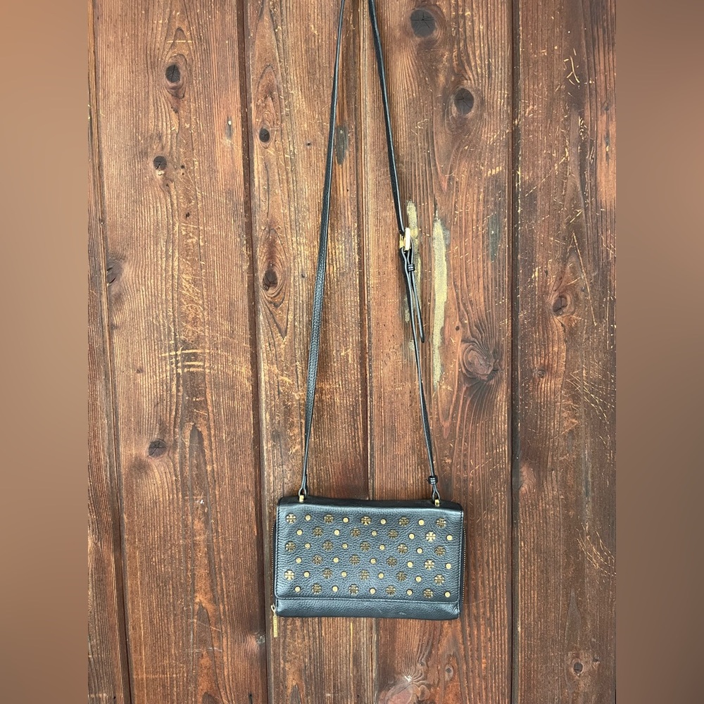 RARE Tory Burch black leather clutch/shoulder bag with gold tone logos and studs - Picture 7 of 11